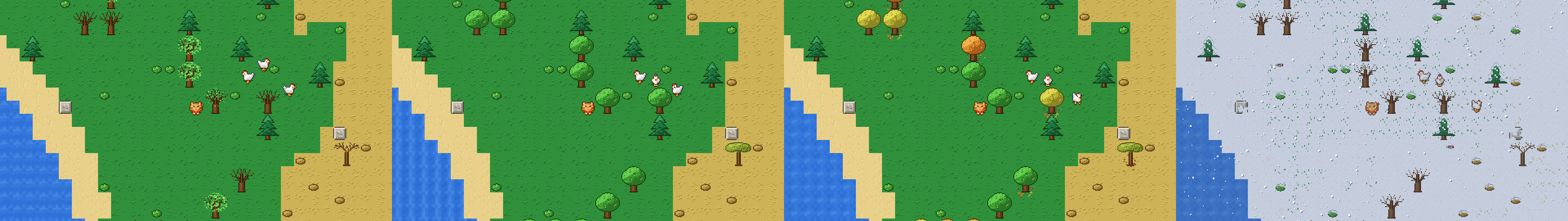 The same patch of pixel-art forest four times, left to right: green in spring, fuller in summer, orange and yellow leaves in autumn, bare trees under snow in winter. An orange cat stands in the middle of each.